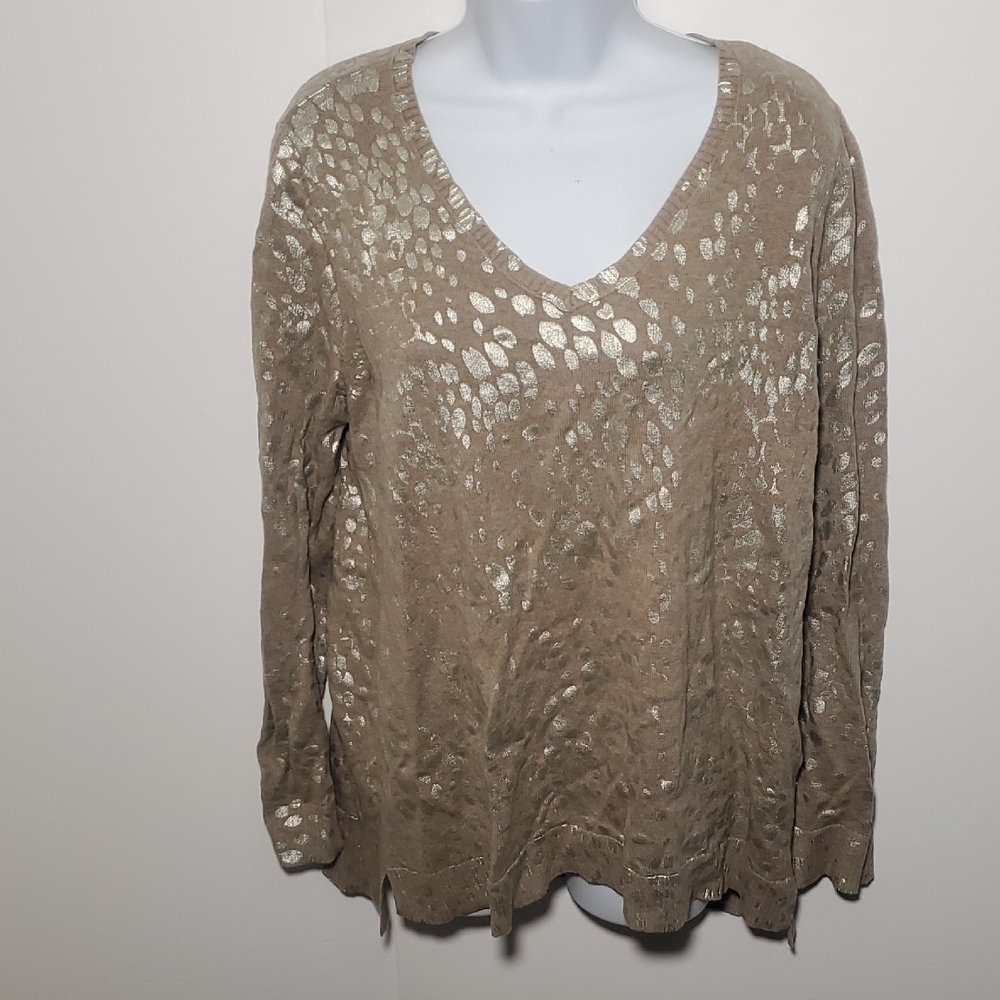 Chico's V-Neck Pullover Sweater Khaki Gold Foil  Sz 1 100% Cotton